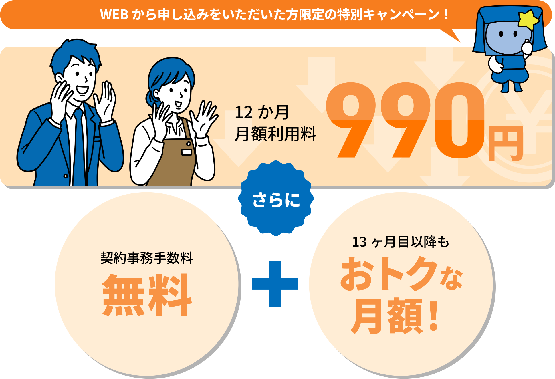 WEBから申し込みをいただいた方限定の特別キャンペーン！12ヶ月月額利用料990円 さらに 契約事務手数料無料＋13ヶ月目以降もおトクな月額！